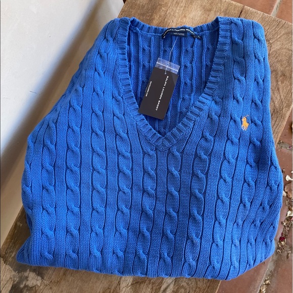 RALPH LAUREN Blue Cable Knit V-Neck Sweater Embroidered Orange Polo Pony XL NEW! - Picture 7 of 10